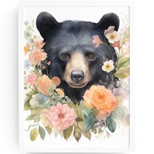 Watercolor Floral Black Bear Portrait Wall Art Illustration Print Unframed